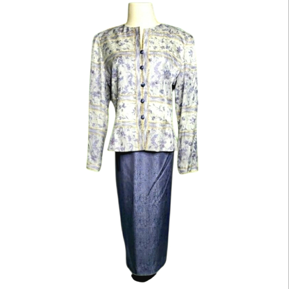 Adrianna Papell Silk Skirt Set Floral Border Mother of Bride Groom Events 10